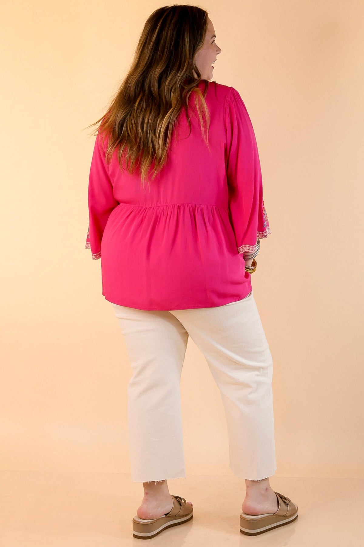 Already Mine 3/4 Bell Sleeve Embroidered Babydoll Top in Pink