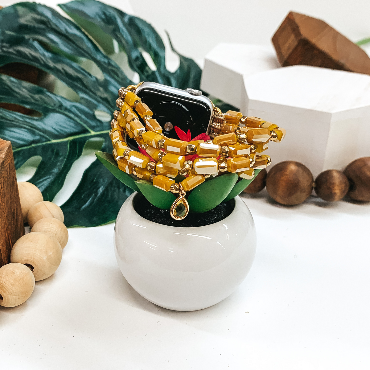 5 Strand Beaded Apple Watch Band in Mustard Yellow