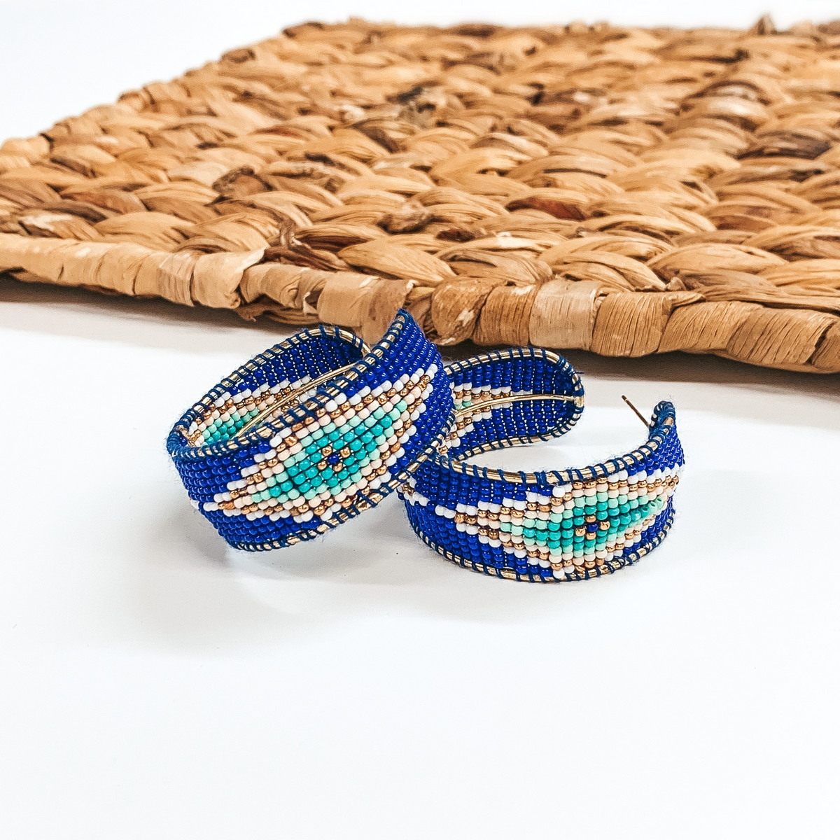 Aztec Pattern Beaded Hoop Earrings in Royal Blue