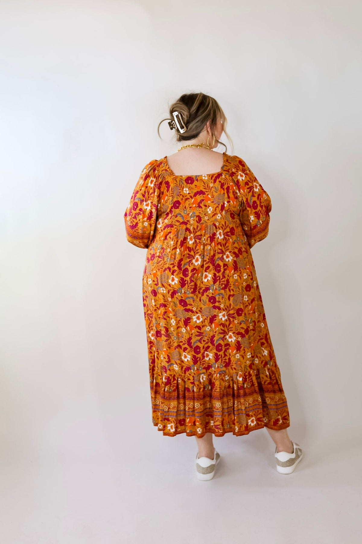 Autumn Daze Floral Print Square Neck Midi Dress in Mustard Yellow