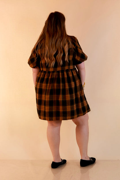 Adventures Ahead Plaid Button Up Babydoll Dress in Camel Brown