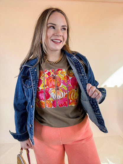 Art of the Season Painted Pumpkin and Floral Watercolor Stripes Fall Graphic Tee in Brown