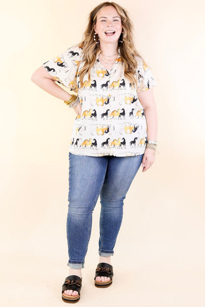 Away We Go Button Up Horse Print Shirt in Ivory