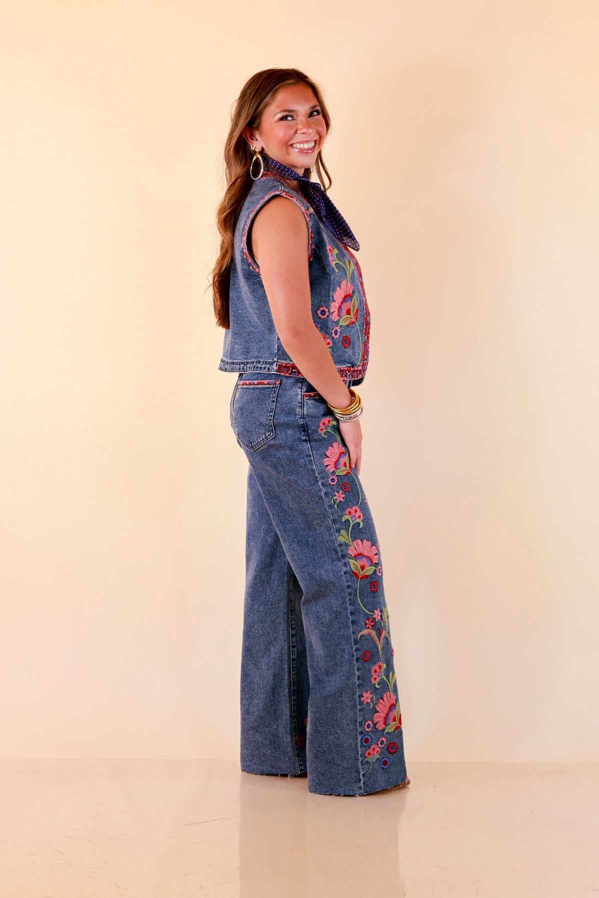 Artfully Yours Colorful Embroidered Denim Vest in Medium Wash