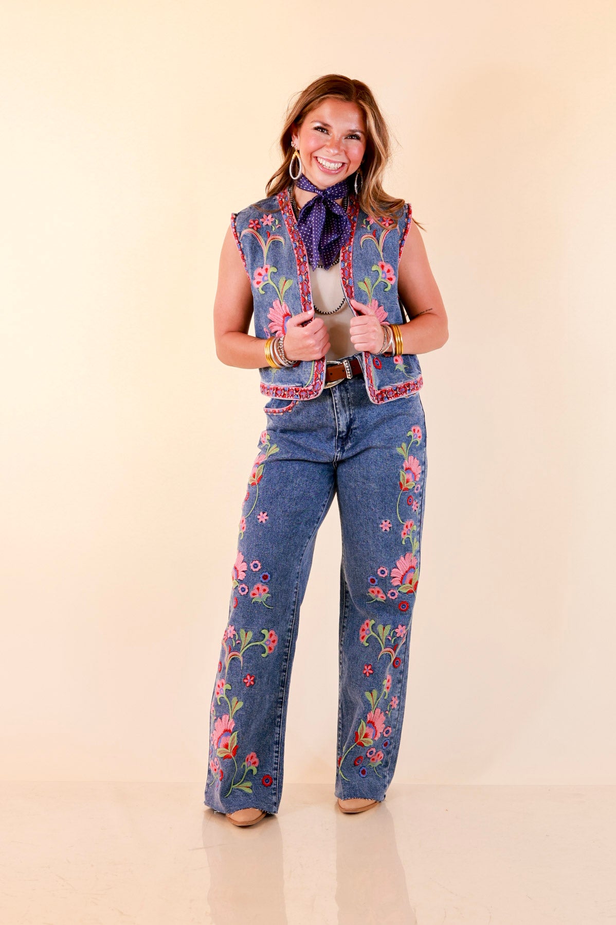 Artfully Yours Colorful Embroidered Denim Vest in Medium Wash