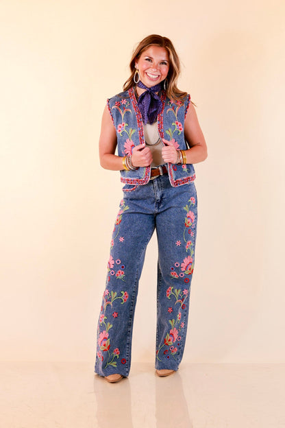 Artfully Yours Colorful Embroidered Denim Vest in Medium Wash