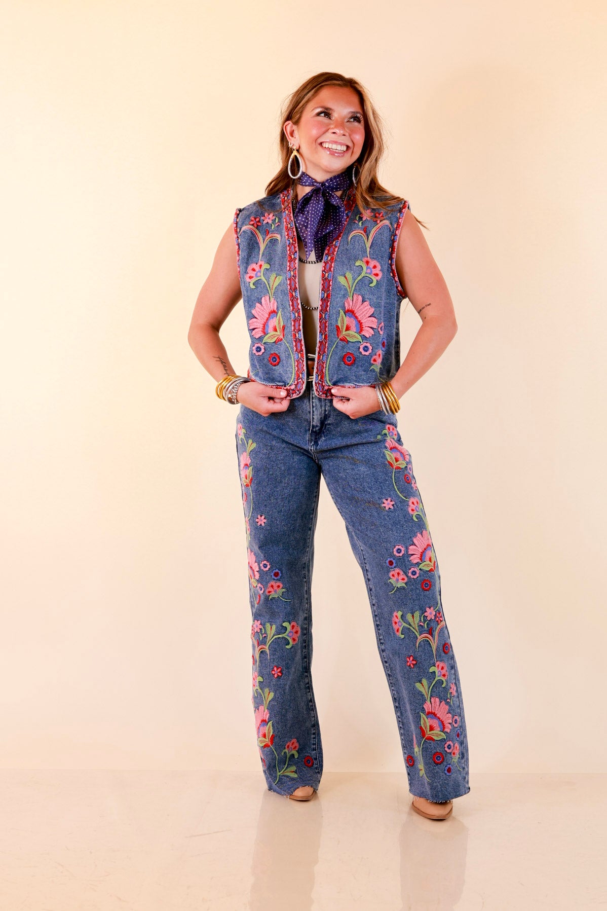Artfully Yours Colorful Embroidered Denim Vest in Medium Wash