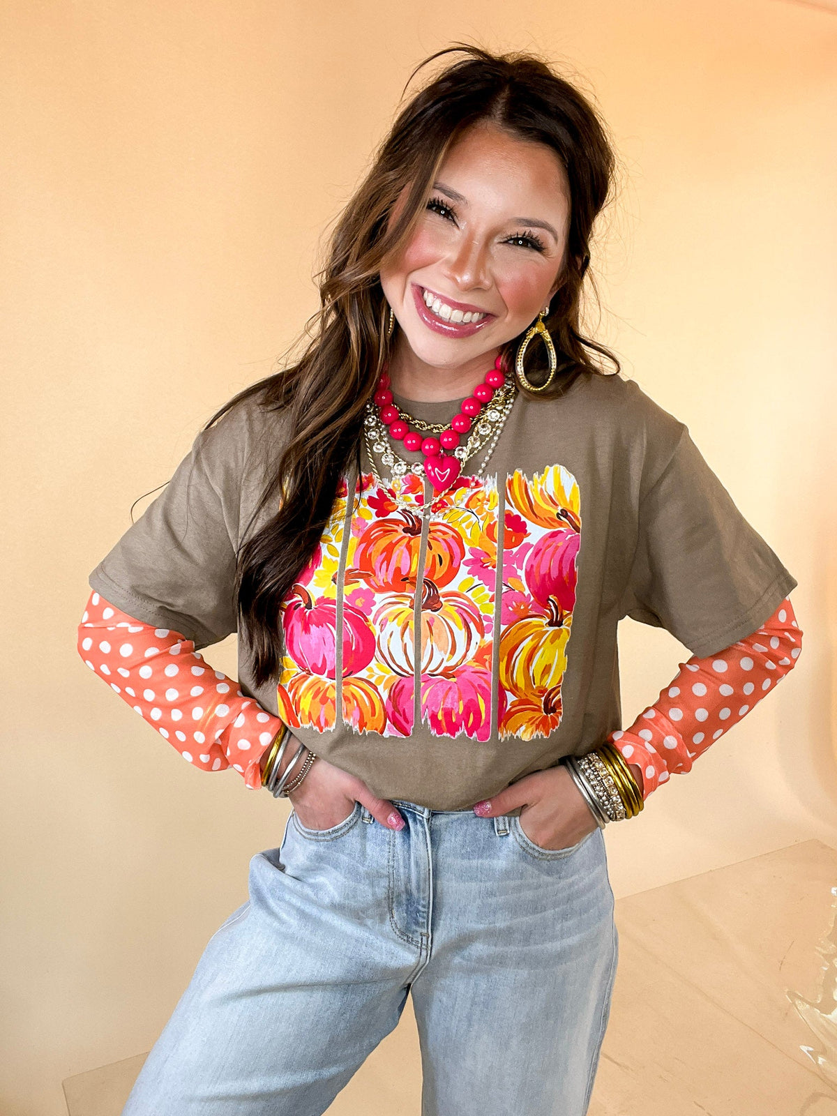 Art of the Season Painted Pumpkin and Floral Watercolor Stripes Fall Graphic Tee in Brown