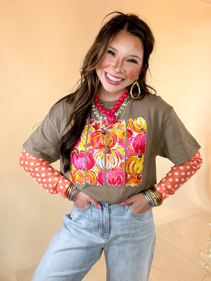 Art of the Season Painted Pumpkin and Floral Watercolor Stripes Fall Graphic Tee in Brown