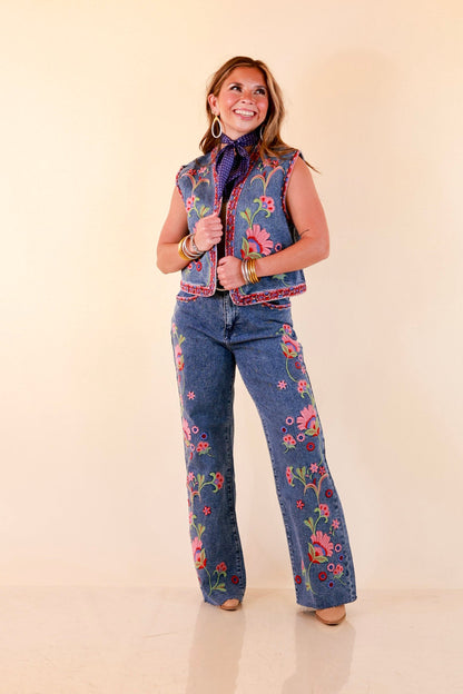Artfully Yours Colorful Embroidered Denim Vest in Medium Wash