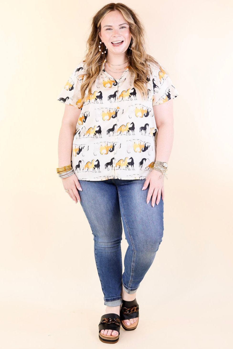 Away We Go Button Up Horse Print Shirt in Ivory