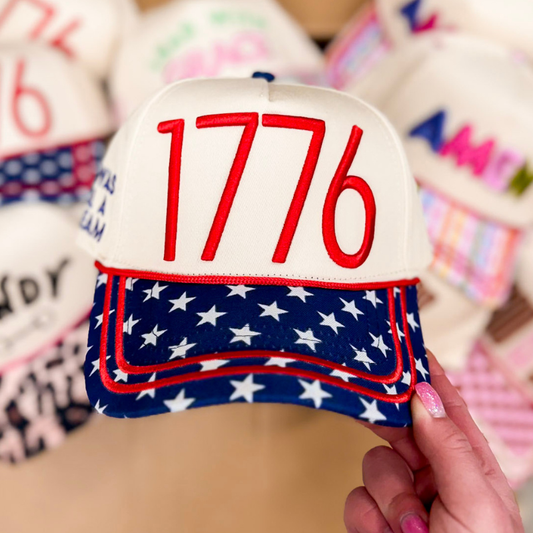 1776 Foam Trucker Hat with Star Print Bill in Tan