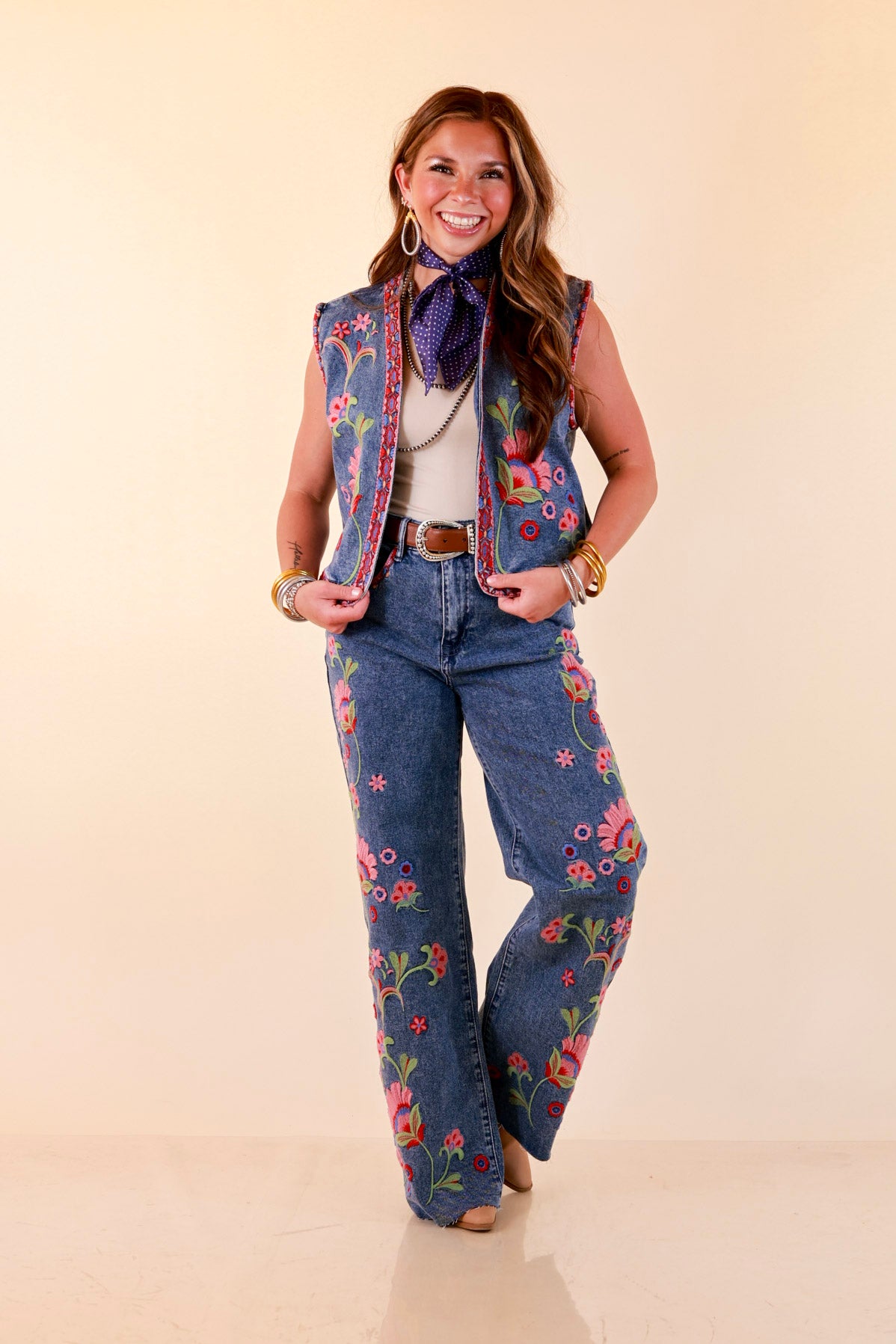 Artfully Yours Colorful Embroidered Denim Vest in Medium Wash