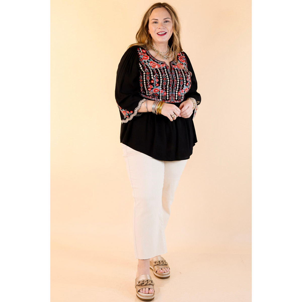 Already Mine 3/4 Bell Sleeve Embroidered Babydoll Top in Black