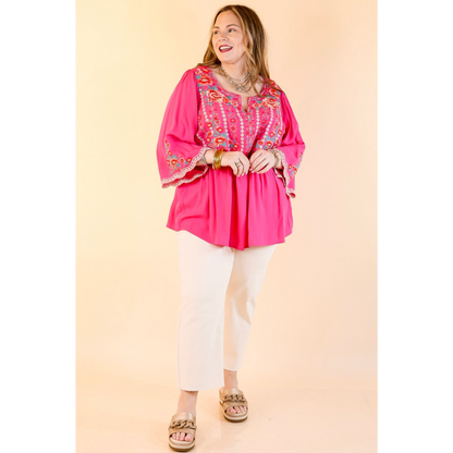Already Mine 3/4 Bell Sleeve Embroidered Babydoll Top in Pink