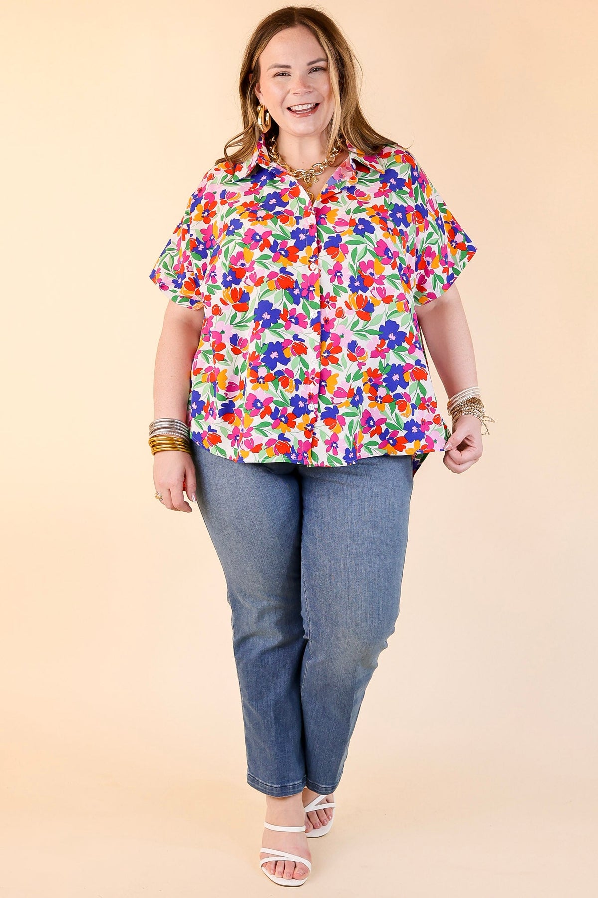 Adventure Awaits Floral Print Button Up Top in Ivory