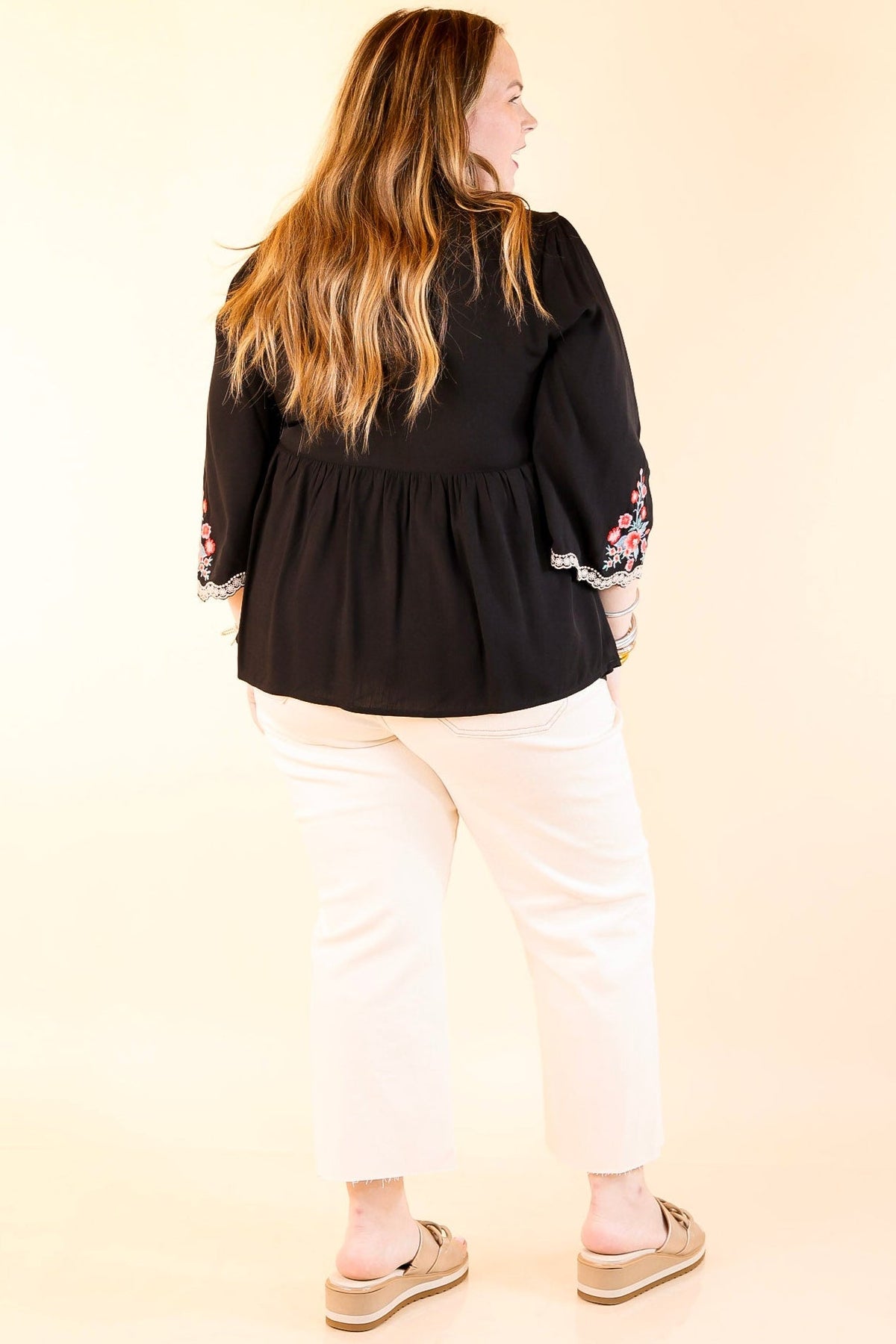 Already Mine 3/4 Bell Sleeve Embroidered Babydoll Top in Black