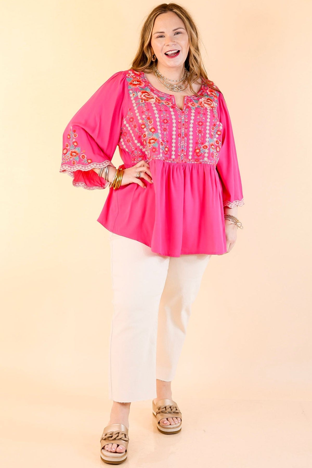 Already Mine 3/4 Bell Sleeve Embroidered Babydoll Top in Pink