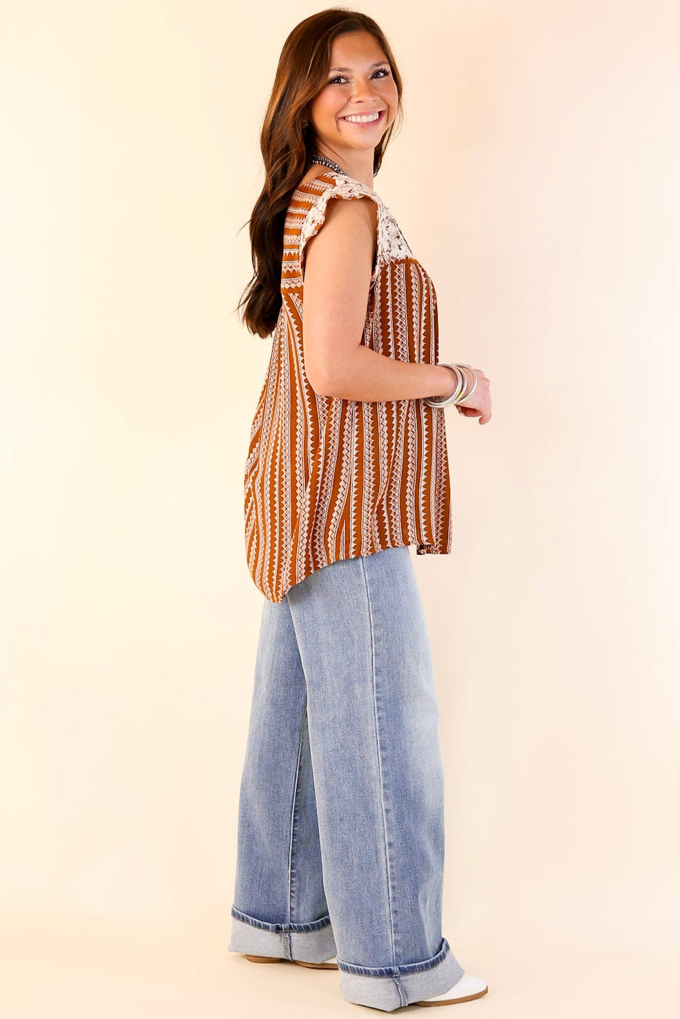 Afternoon Stroll Embroidered Tribal Top with Cap Sleeves in Rust Brown