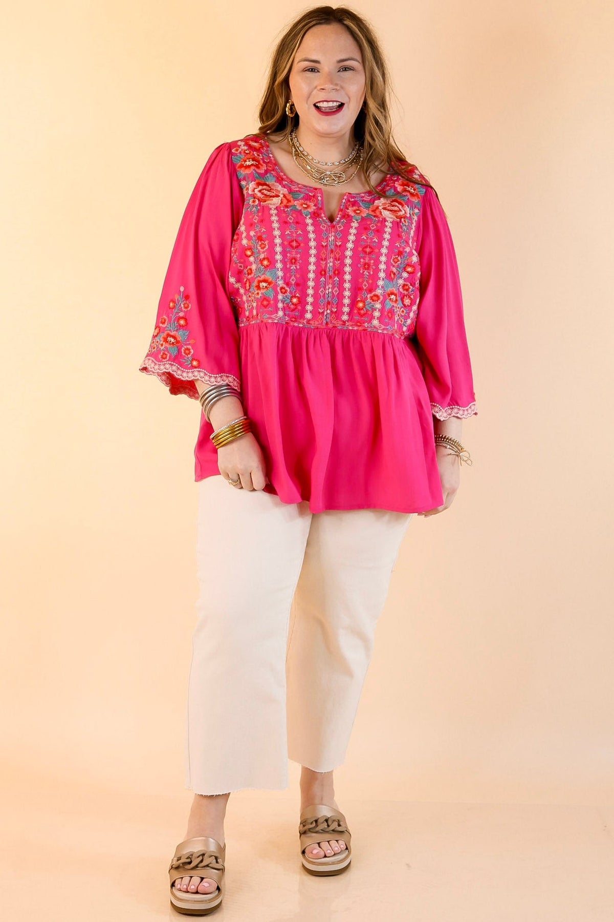 Already Mine 3/4 Bell Sleeve Embroidered Babydoll Top in Pink