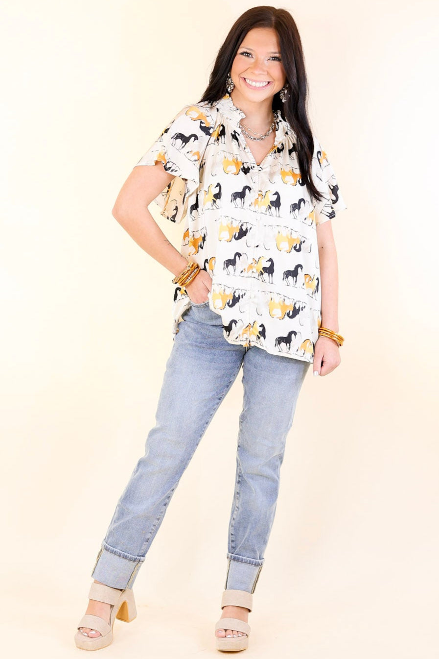 Away We Go Button Up Horse Print Shirt in Ivory