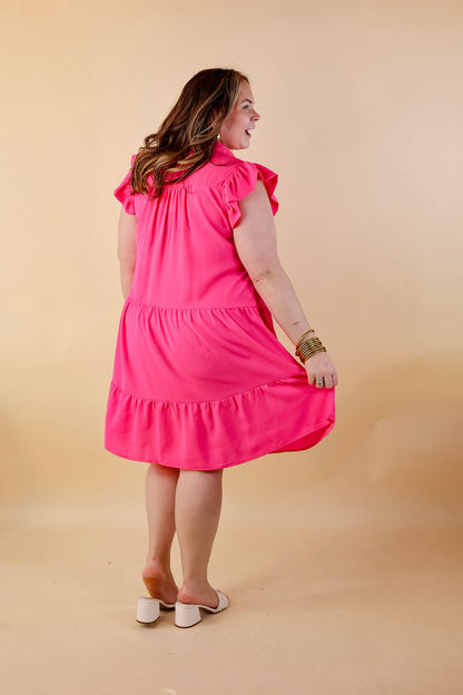 All Of A Sudden Ruffle Cap Sleeve Short Dress in Hot Pink