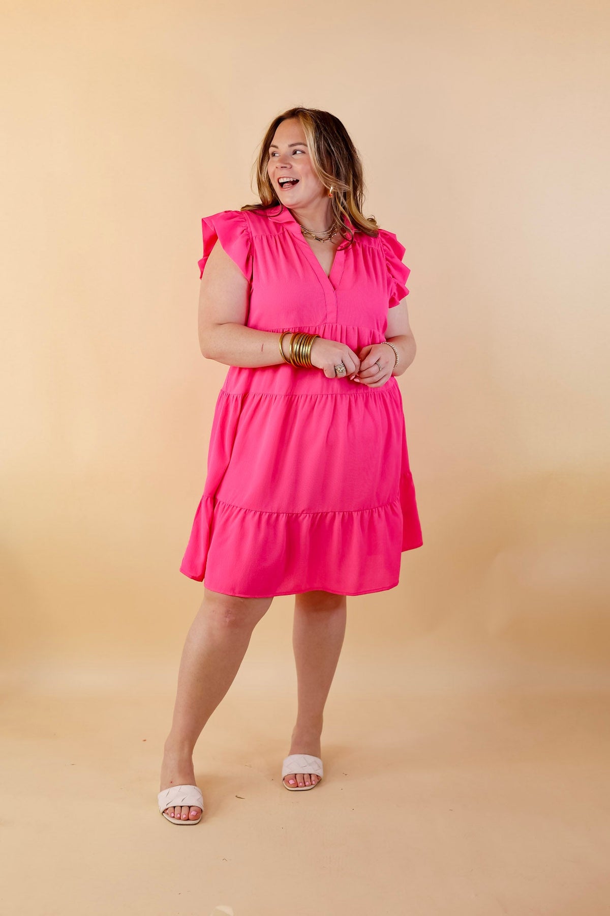 All Of A Sudden Ruffle Cap Sleeve Short Dress in Hot Pink