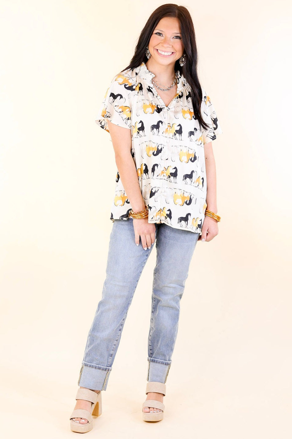 Away We Go Button Up Horse Print Shirt in Ivory