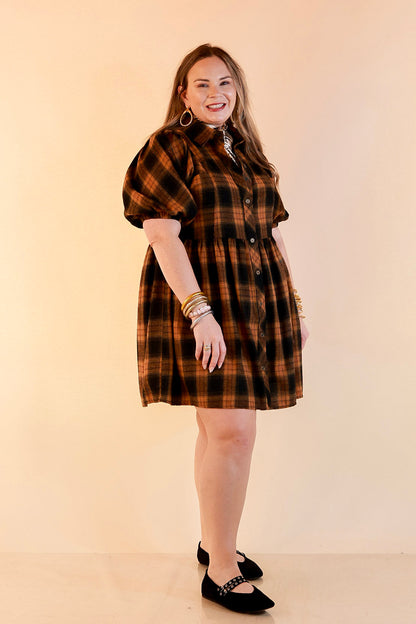 Adventures Ahead Plaid Button Up Babydoll Dress in Camel Brown