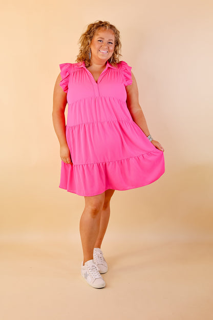 All Of A Sudden Ruffle Cap Sleeve Short Dress in Hot Pink