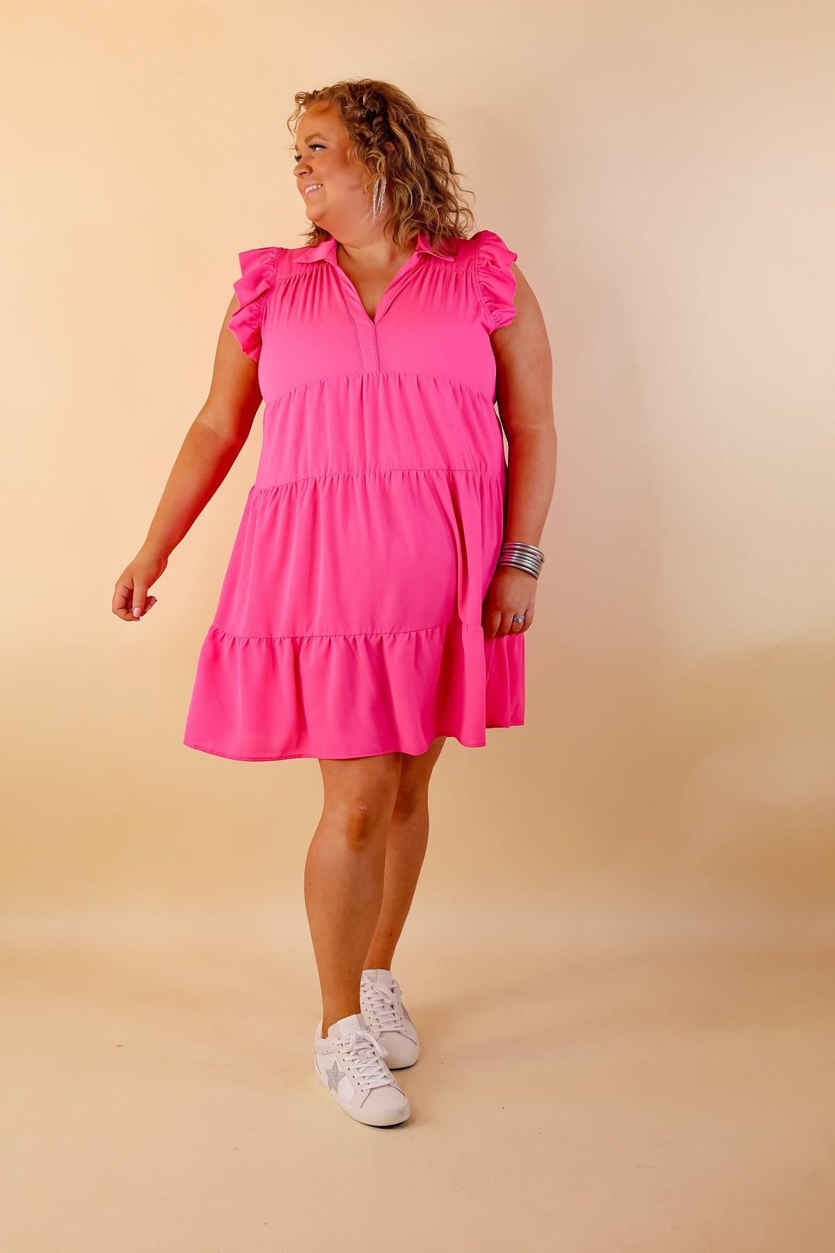 All Of A Sudden Ruffle Cap Sleeve Short Dress in Hot Pink