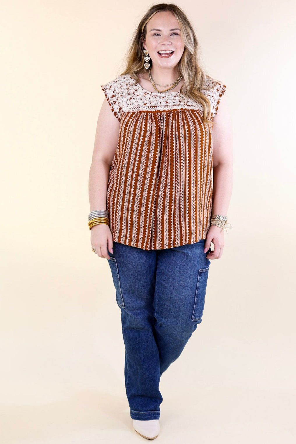Afternoon Stroll Embroidered Tribal Top with Cap Sleeves in Rust Brown