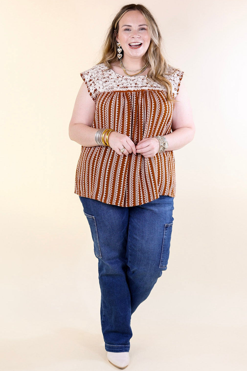Afternoon Stroll Embroidered Tribal Top with Cap Sleeves in Rust Brown