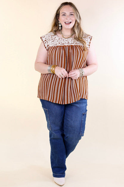 Afternoon Stroll Embroidered Tribal Top with Cap Sleeves in Rust Brown