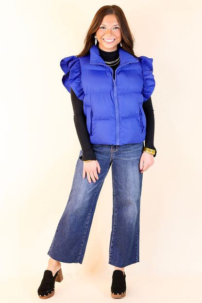 All Season Long Ruffle Sleeve Puffer Vest in Royal Blue