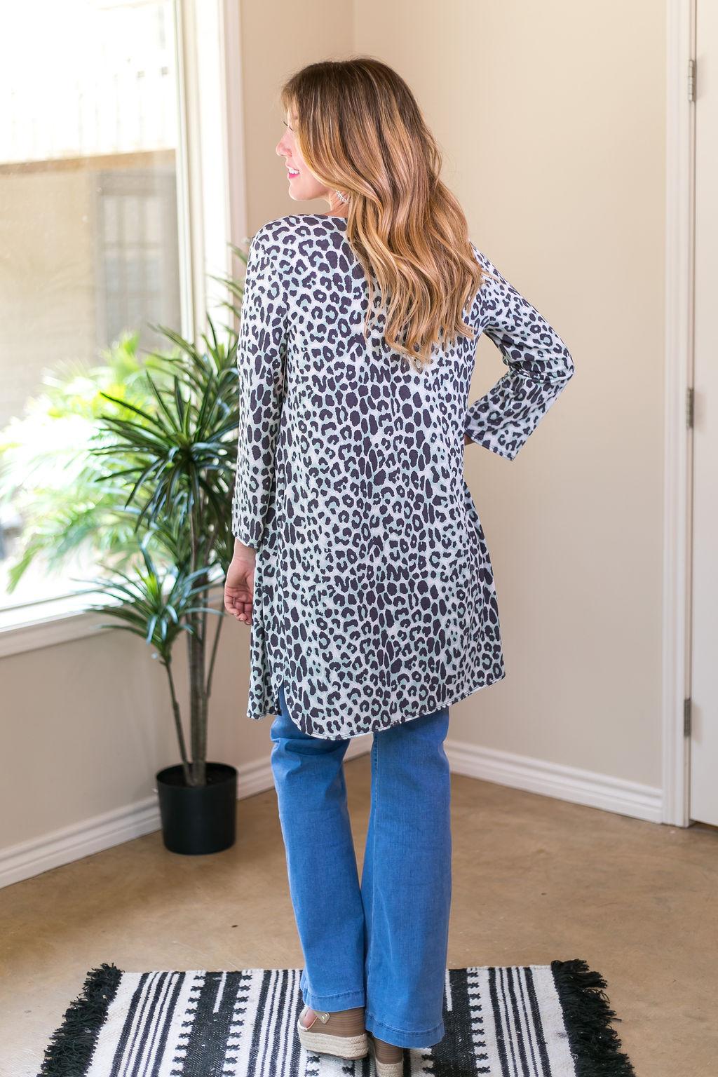 All Eyes On You Leopard Cardigan in Mint and Grey