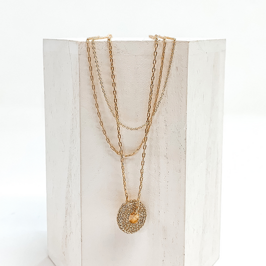 3 Stranded Chain Necklace with Crystalized Round Pendant in Gold