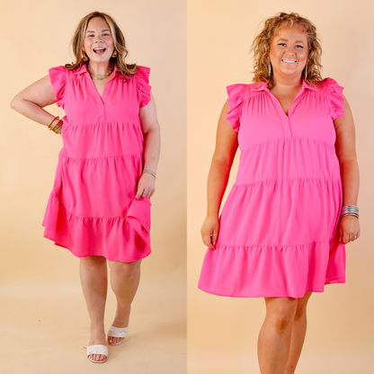 All Of A Sudden Ruffle Cap Sleeve Short Dress in Hot Pink