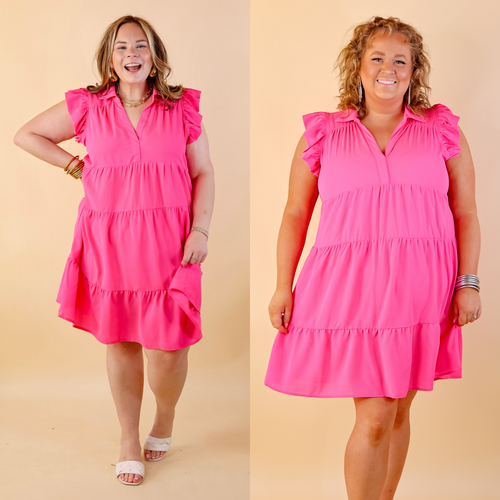 All Of A Sudden Ruffle Cap Sleeve Short Dress in Hot Pink