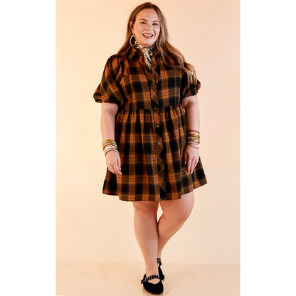 Adventures Ahead Plaid Button Up Babydoll Dress in Camel Brown