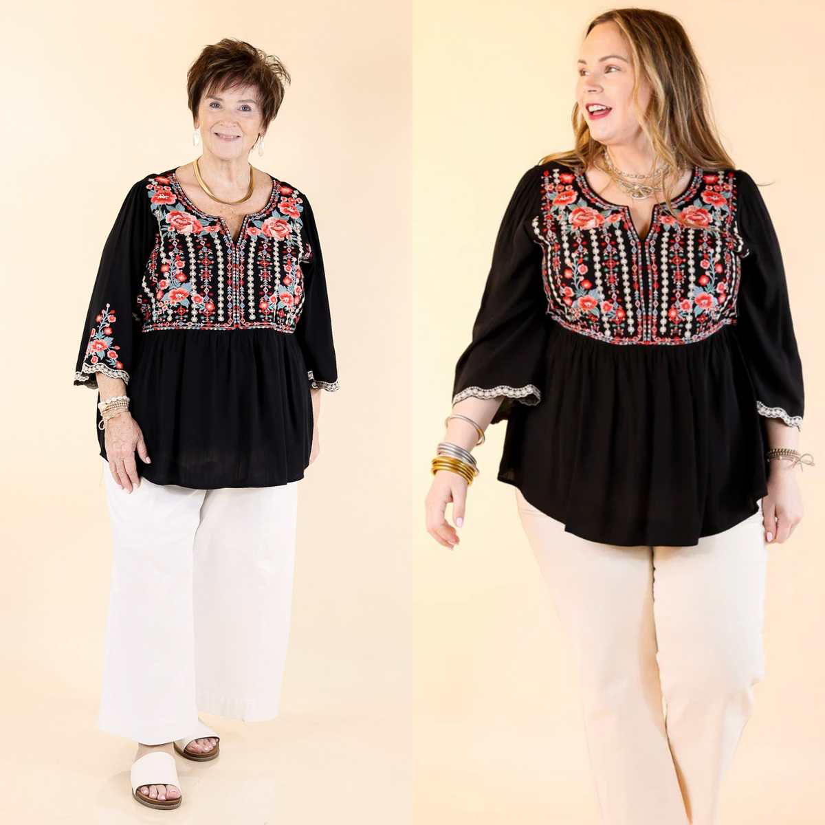 Already Mine 3/4 Bell Sleeve Embroidered Babydoll Top in Black