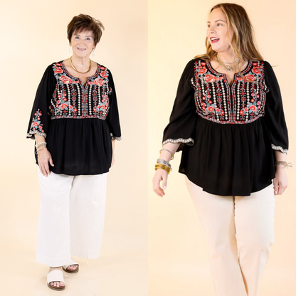 Already Mine 3/4 Bell Sleeve Embroidered Babydoll Top in Black
