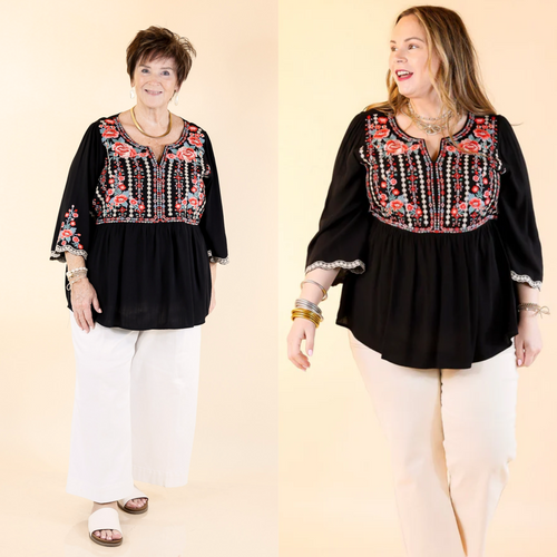 Already Mine 3/4 Bell Sleeve Embroidered Babydoll Top in Black