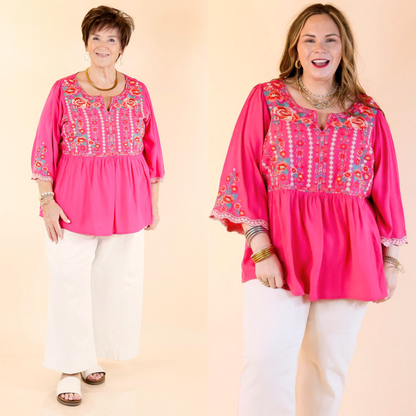Already Mine 3/4 Bell Sleeve Embroidered Babydoll Top in Pink