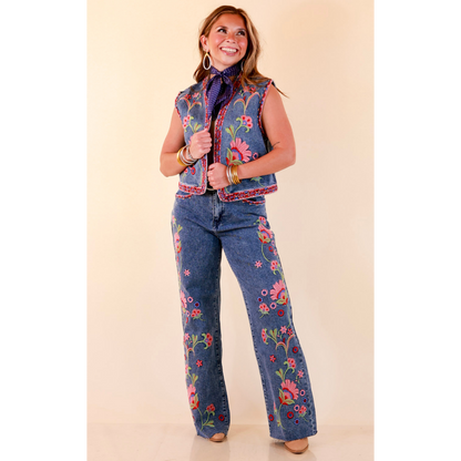 Artfully Yours Colorful Embroidered Denim Vest in Medium Wash