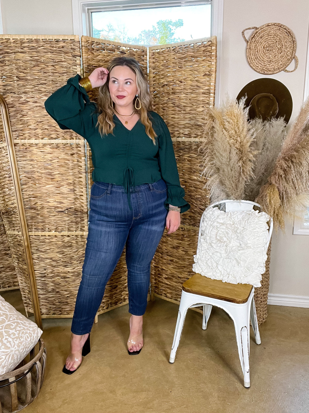 Authentic Aura Ruched Front Peplum Crop Top with Long Sleeves in Forest Green