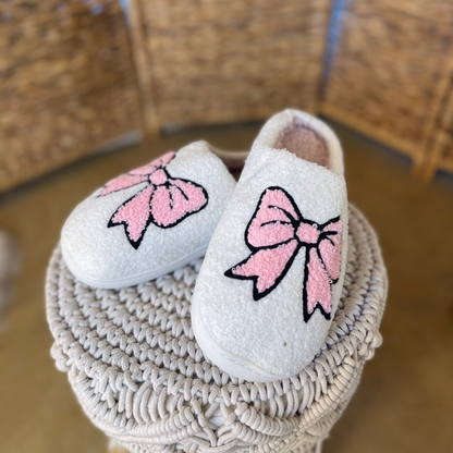 Barefoot Bliss Slide On Slippers in Ivory with Pink Bow