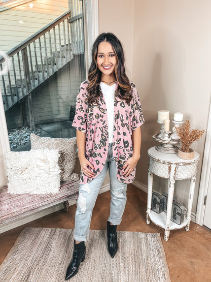 Ahead Of The Trend Leopard Short Drop Sleeve Cardigan in Blush Pink