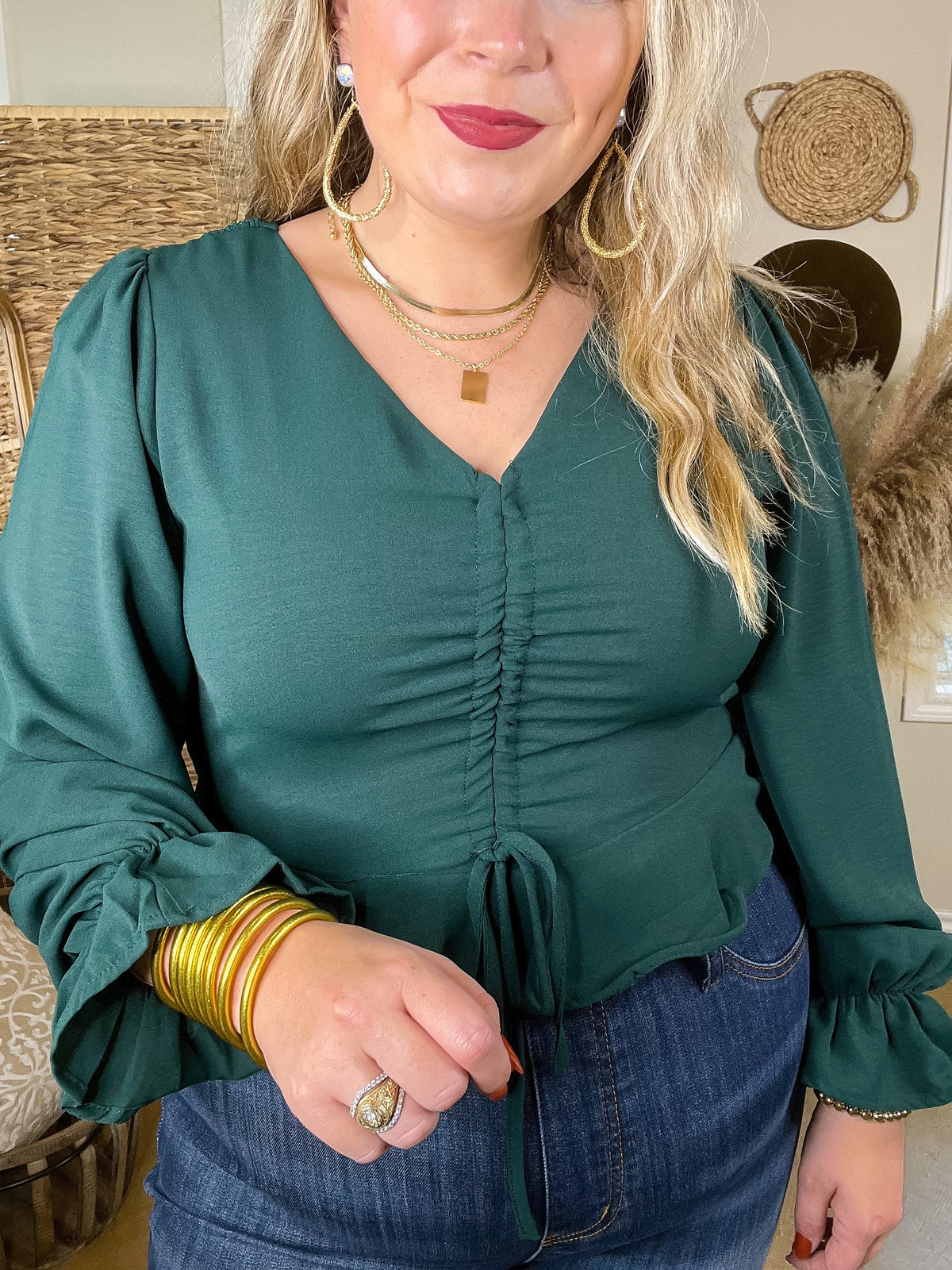 Authentic Aura Ruched Front Peplum Crop Top with Long Sleeves in Forest Green