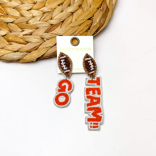 "Go Team!!" Beaded Earrings With Football Posts in Orange and White
